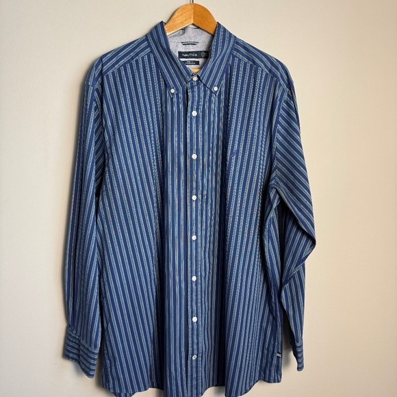 Nautica Men's Long Sleeve Button Up‎ Stripe Shirt Blue/Green 2XL Office Casual - Picture 1 of 14